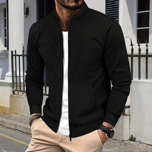 Men's Zip Jacket – Athletic Fit – Textured Fabric – Ribbed Edges – Front Pockets