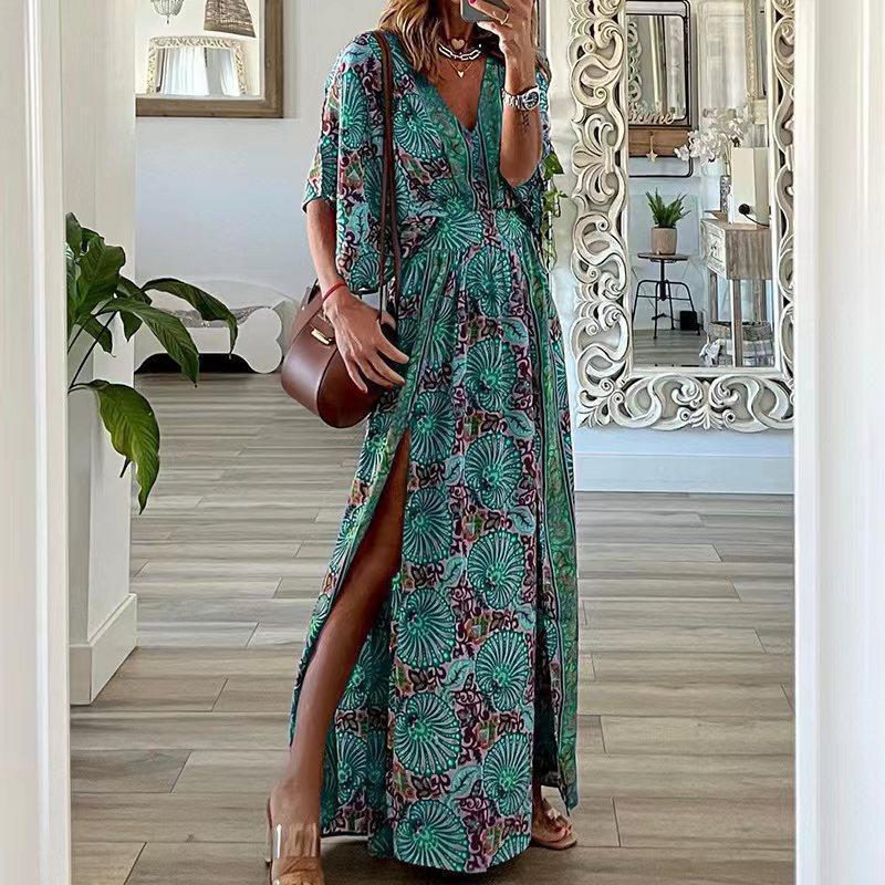 Dress woman – Bohemian pattern – V-neck – Relaxed fit – Short sleeve – Side slit