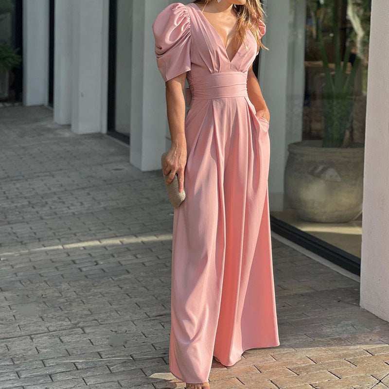 Women's Jumpsuit – Wide Legs – Puff Sleeves – Deep V-neck – Fitted Waist – Elegant Cut