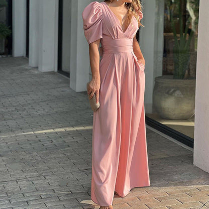 Women's Jumpsuit – Wide Legs – Puff Sleeves – Deep V-neck – Fitted Waist – Elegant Cut