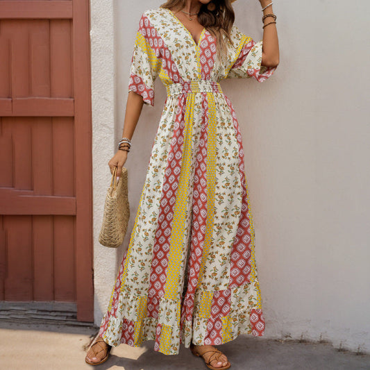 Jumpsuit woman – Bohemian pattern – Elastic waist – Loose fit – V-neck wide sleeves