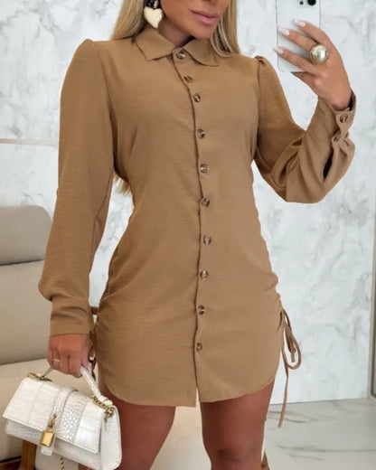 Dress woman – mini length – button closure – adjustable lacing – tailored – long sleeves