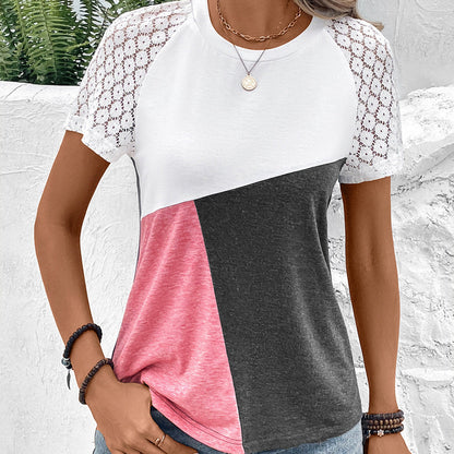 Women's T-shirt – Relaxed fit – Lace sleeves – Cotton blend – Round neck