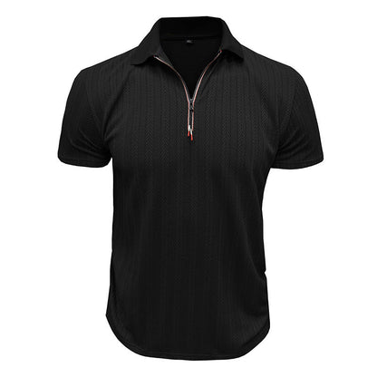 Men's Pique T-Shirt – Ribbed Knit – Zipper Neck – High Collar – Regular Fit