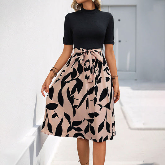 Women's Dress Midi – Ribbed Knit Top – A-line Skirt – Short Sleeve – Bow Detail