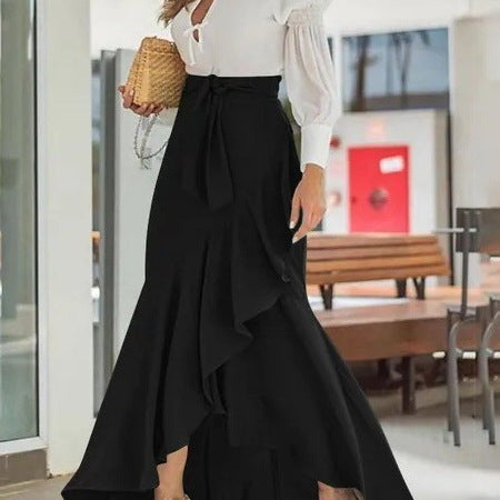 Women's Maxi Skirt – High Waist – Asymmetric Wrap – Ruffle Edge – Lightweight Fabric