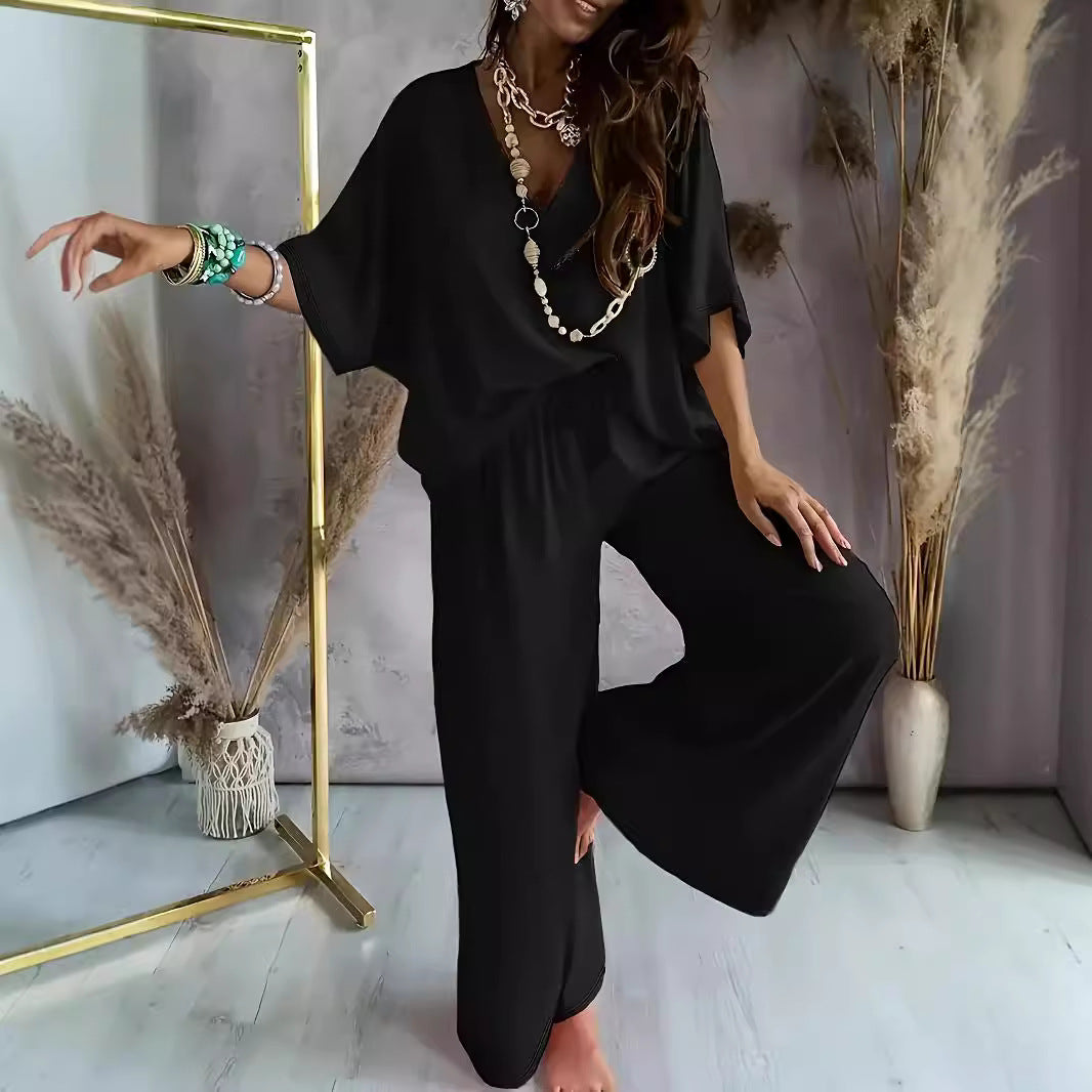 Women's Two-Piece Set – Deep V-Neck Top – Wide Pants – Relaxed Fit – Breathable Fabric