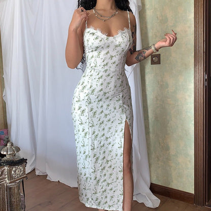 Women's Midi Dress – Tight Fit – Spaghetti Straps – Floral Print – Slit