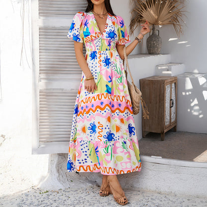 Dress for Women – Maxi Length – Loose Fit – Light Cotton – V-Neck – Short Sleeves