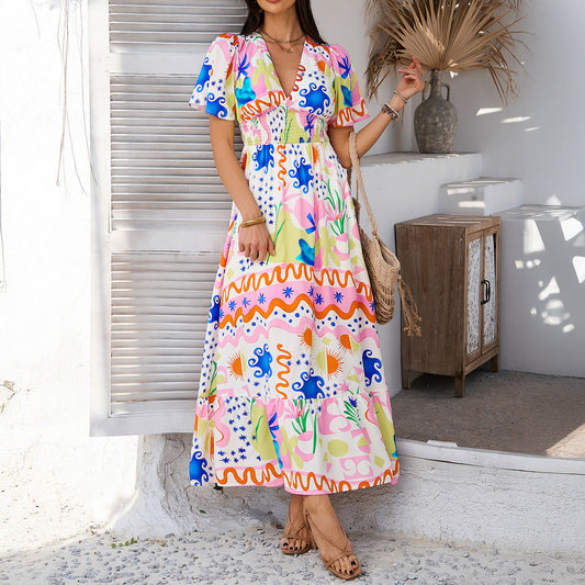 Dress for Women – Maxi Length – Loose Fit – Light Cotton – V-Neck – Short Sleeves