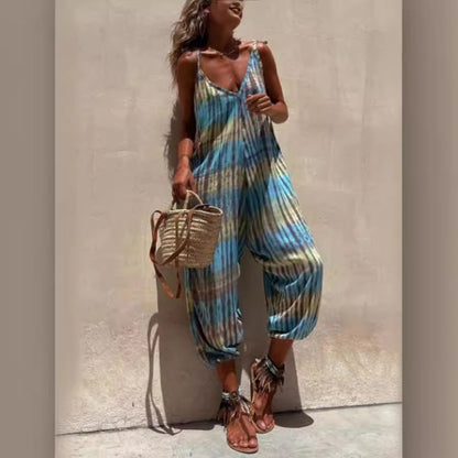 Women's jumpsuit – loose fit – adjustable straps – V-neck – tie belt – pattern