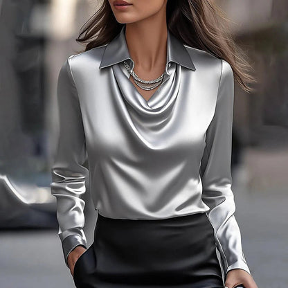 Women's Blouse – Satin-like Fabric – Draped Cowl Neck – Tailored Fit – Long Sleeve