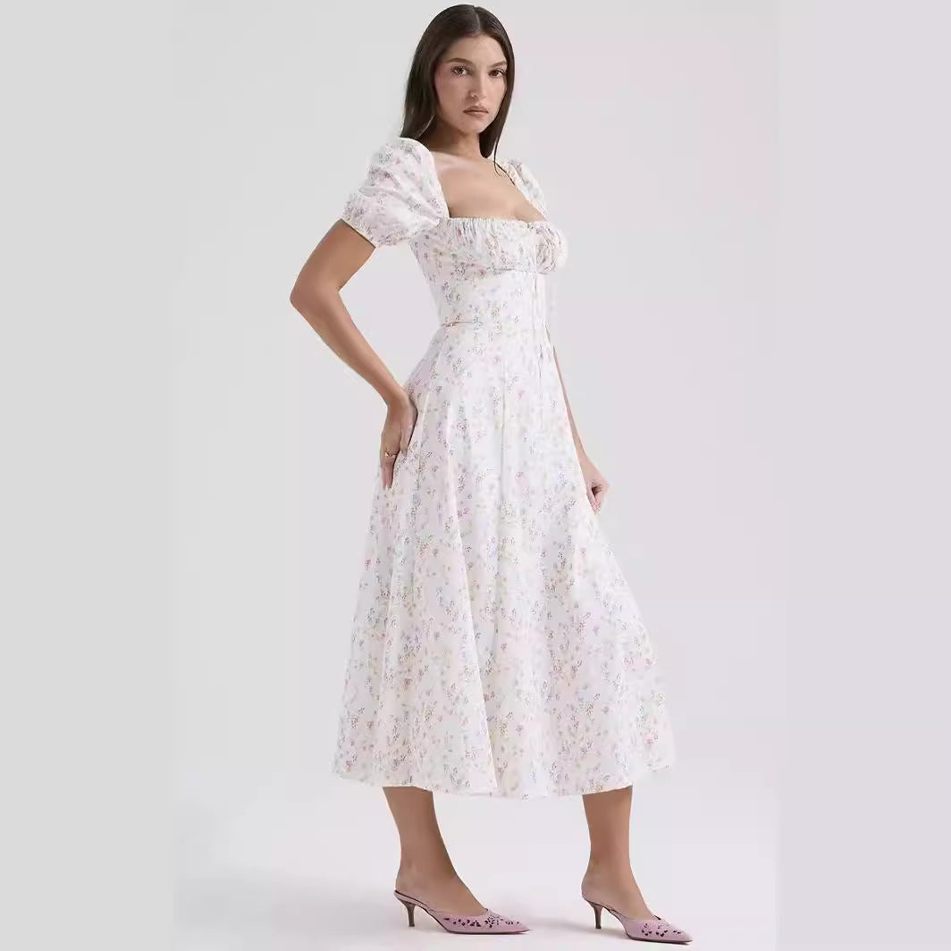 Dress women midi – cotton – A-line fit – puff sleeves – slit – square neckline