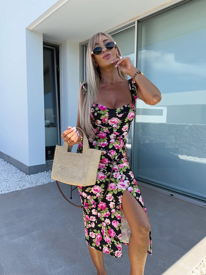Dress for Women – Midi Length – Slim Fit – Floral Print – Ruffle Straps – Side Slit – Breathable Fabric