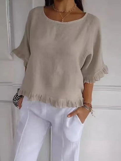 Women's Blouse – Linen and Cotton – Relaxed Fit – Ruffle Edge – Round Neck