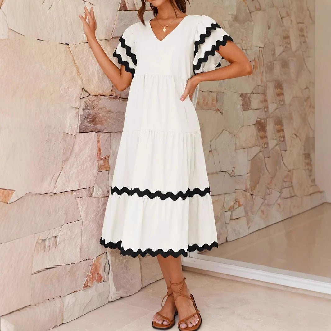 Women's midi dress – relaxed fit – v-neck – ruffle sleeves – breathable fabric