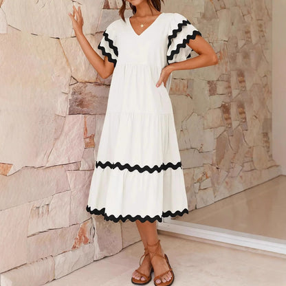 Women's midi dress – relaxed fit – v-neck – ruffle sleeves – breathable fabric