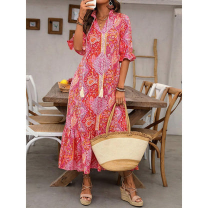 Dress for Women – Midi – Relaxed Fit – Bohemian Pattern – Ruffles – Tying