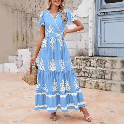 Dress women maxi – V-neckline – Floral print – Short sleeve – A-line tiered fit