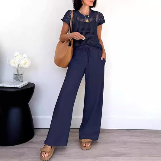 Women's Set – Relaxed Fit – Open Knit Top with Short Sleeves – Wide Pants