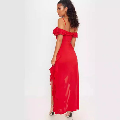 Dress for Women – Long Chiffon Dress – Slim Fit – Off-shoulder with Ruffles