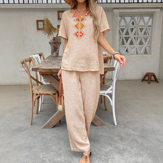 Women's Jumpsuit – Relaxed Fit – Embroidered V-Neck – Wide Legs – Breathable Fabric