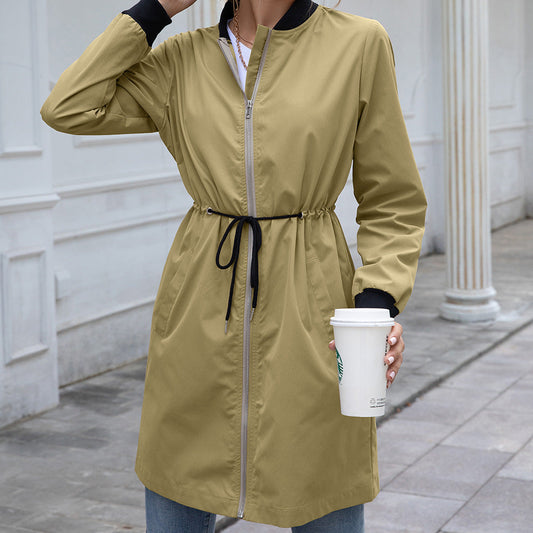 Women's Rain Jacket – Hood – Mid-length – Drawstring Waist – Relaxed Fit – Zipper