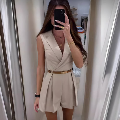Women's Jumpsuit – Sleeveless – Tailored Fit – Deep V-Neck – Belt – Soft Fabric