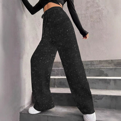 Women's Pants with Wide Legs – Glitter Details – Elastic Waist with Drawstring – Full Length