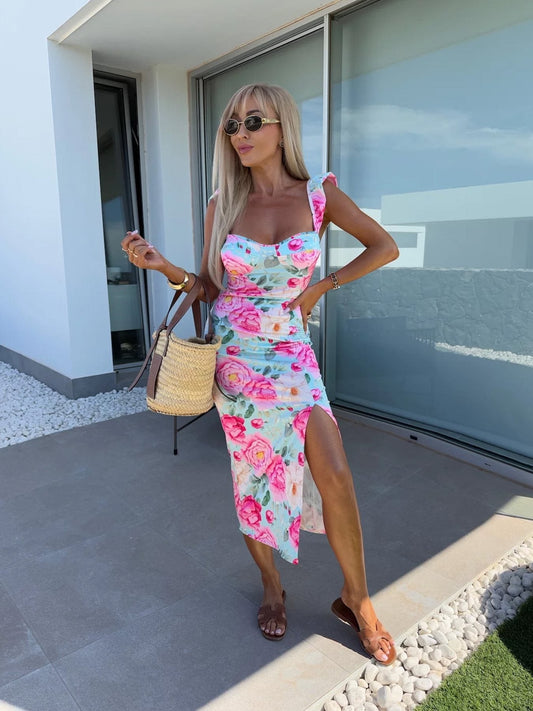 Dress for Women – Midi Length – Slim Fit – Floral Print – Ruffle Straps – Side Slit – Breathable Fabric