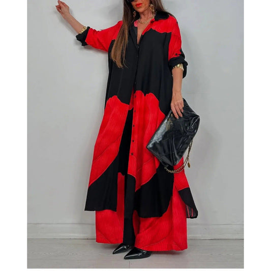 Women's Two-Piece Set – Long Shirt with Relaxed Fit – Wide Airy Trousers
