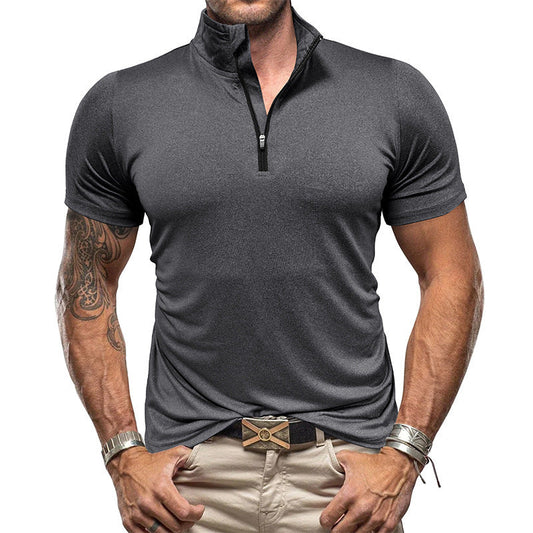Men's Shirt – Slim Fit – Short Sleeve – Breathable – Stand Collar with Zipper
