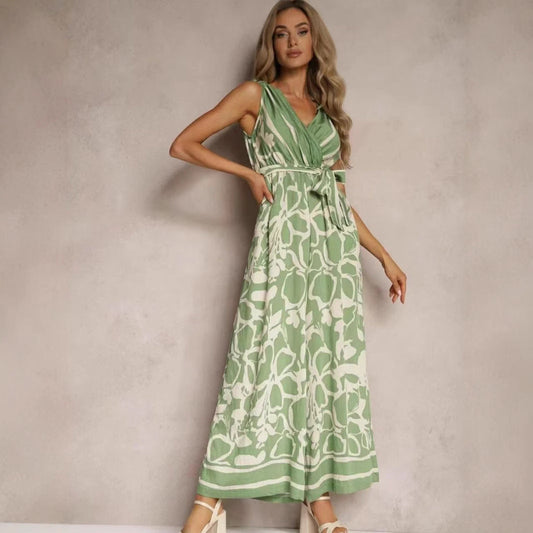 Women's jumpsuit – relaxed fit – sleeveless – V-neck – tie belt – patterned full length