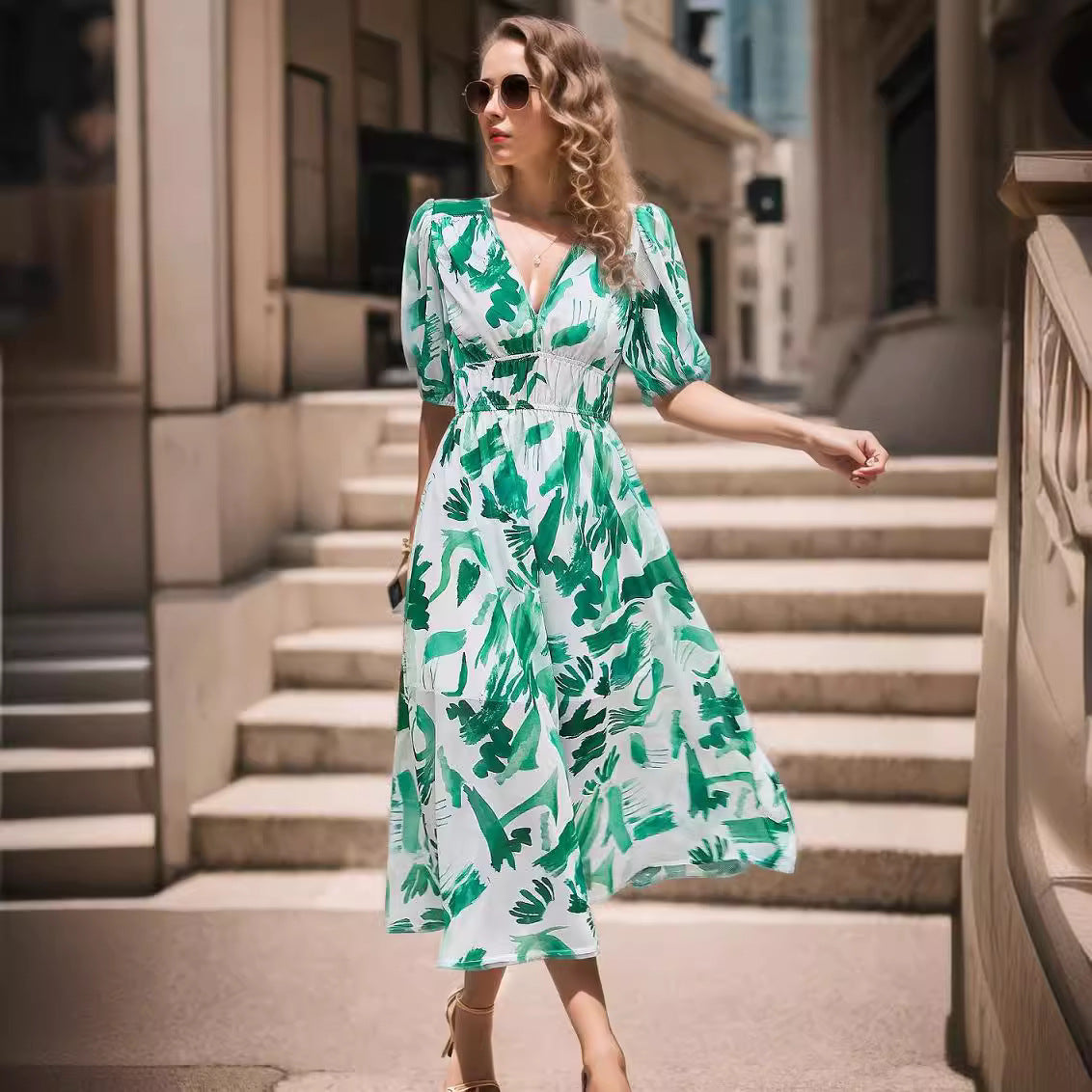 Dress women midi – fitted waist – V-neck – puff sleeves – breathable fabric – print