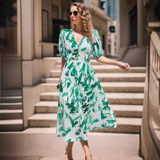 Dress women midi – fitted waist – V-neck – puff sleeves – breathable fabric – print