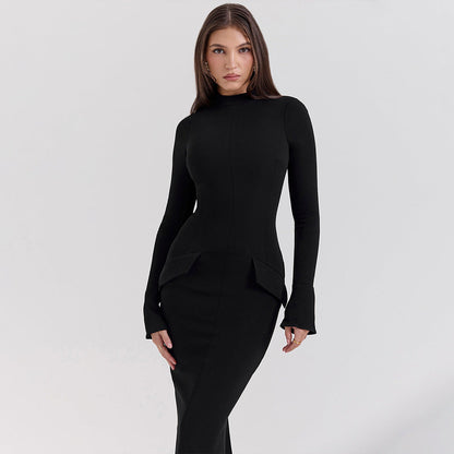 Dress women long – Slim fit – Round neck – Long sleeves – Elegant formal style