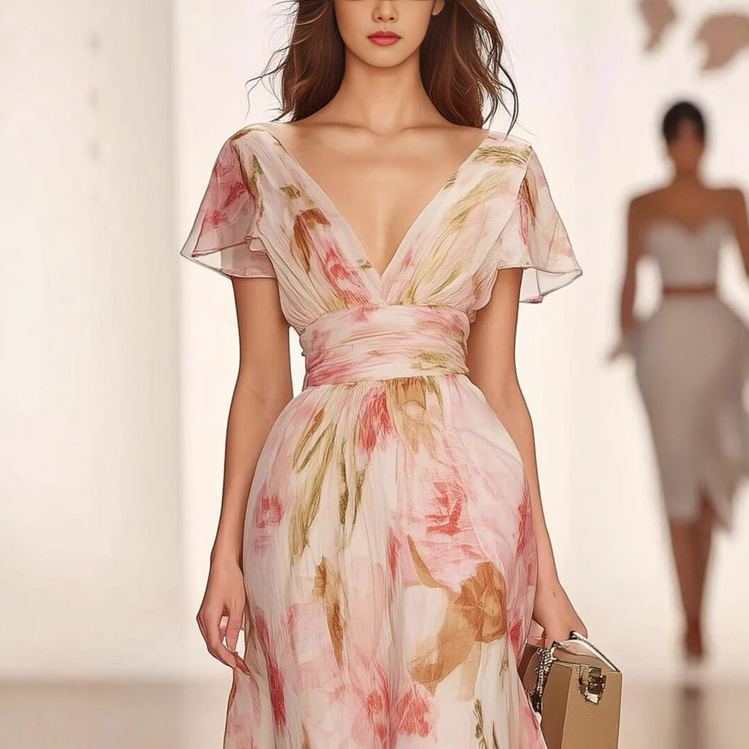 Dress woman – Maxi – Fitted flared – Deep v-neckline – Floral chiffon