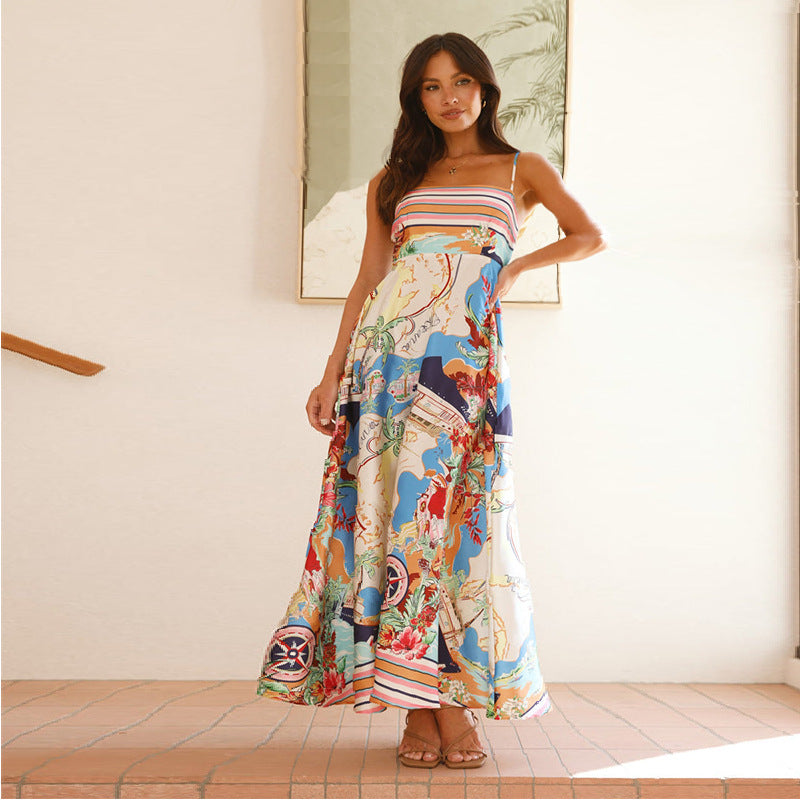 Women's Maxi Dress – Sleeveless – High Waist – A-line – Light Cotton – Printed Pattern