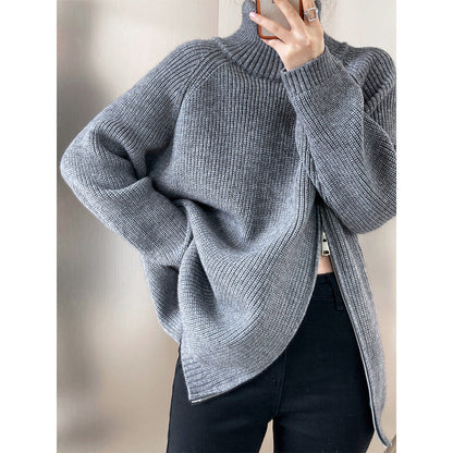 Women's Knitted Sweater – Wool Blend – Oversized Fit – High Neck – Zipper Detail