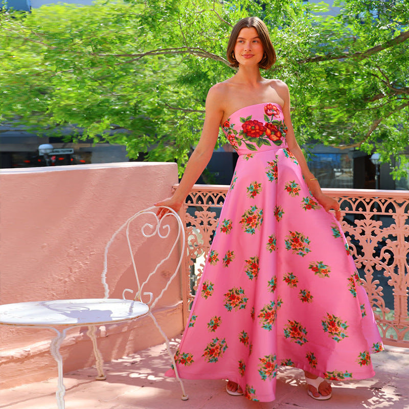 Dress for Women – Satin Evening Dress – Figure-Hugging Fit – Strapless with Floral Pattern – Floor-Length Elegance