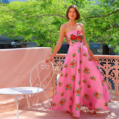 Dress for Women – Satin Evening Dress – Figure-Hugging Fit – Strapless with Floral Pattern – Floor-Length Elegance