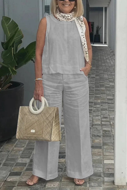 Women's Set Without Sleeves – Linen Cotton – Relaxed Fit – Wide Trousers with Pockets