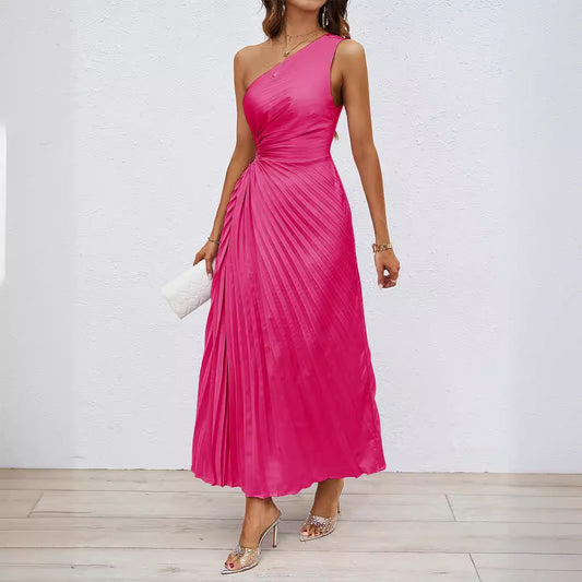 Dress for Women – Elegant Fit – One Shoulder – Ruched Waist – Pleated Maxi Length