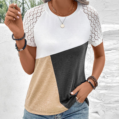 Women's T-shirt – Relaxed fit – Lace sleeves – Cotton blend – Round neck