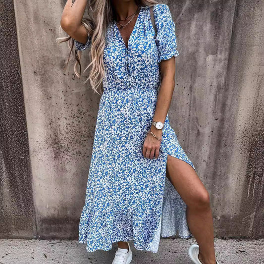 Women's Maxi Dress – High Waist – V-neck – Short Sleeves – Floral Print – Slit