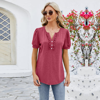 Women's T-shirt – V-neck – Buttons – Ruffle Edge – Relaxed Fit – Breathable Fabric