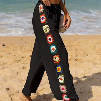 Women's Pants – Relaxed Fit – Crochet Details – Flared Legs – Breathable Cotton