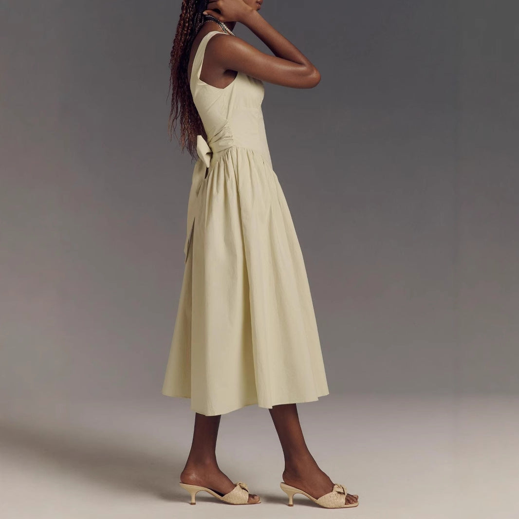 Dress woman – Midi length – A-line fit – Open back with bow – Square neckline