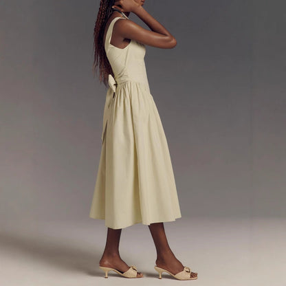 Dress woman – Midi length – A-line fit – Open back with bow – Square neckline