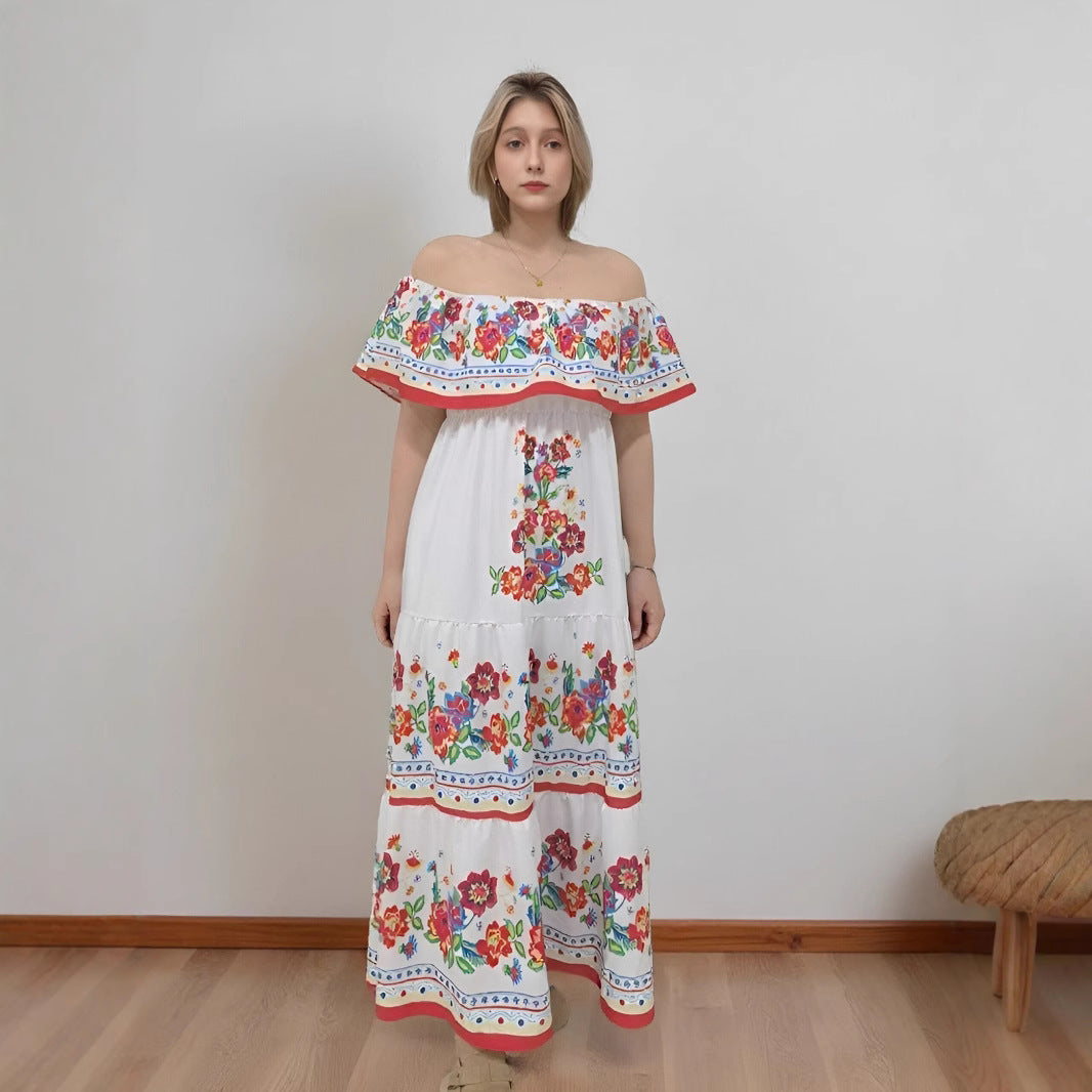 Dress for Women – Off-Shoulder Maxi – Floral Print – Ruffled Bodice – Tiered Skirt
